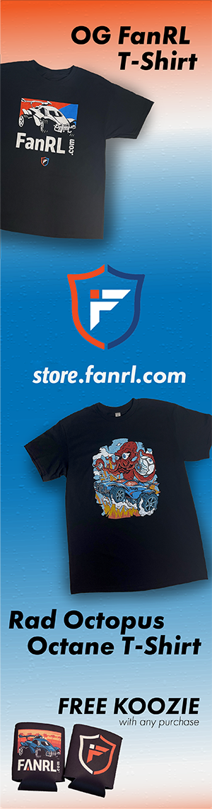 FanRL merch rocket league shirt with octopus driving car, and the branded fanrl logo